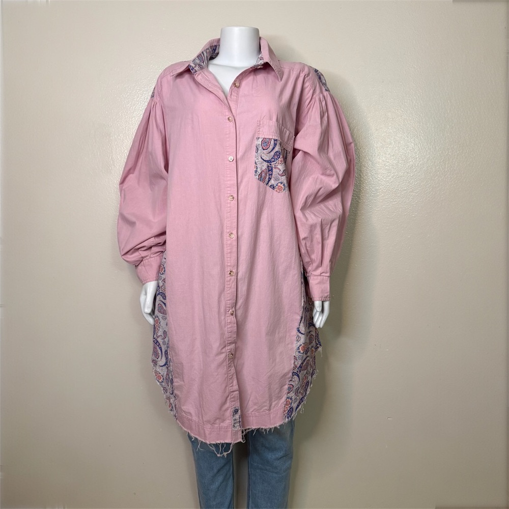 Dusty pink button down shirt puff sleeve paisley print oversized frayed hemline